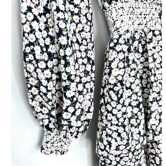 AQUA Smocked Tiered Mini Dress Navy Blue Ditsy Floral Print – Size XS - Picture 5 of 9